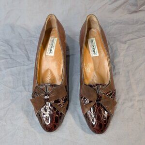 Valleverde Brown Leather Patent Snake Skin Bow Pattern Pumps Women Size 40